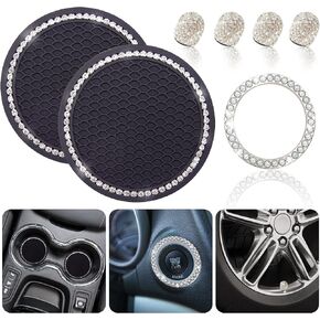 Car Coasters for Cup Holder,Dermasy 2 Pack Cute Bling Car Cup Holder Coaster with Rhinestone for Women and Girl 2022 Universal Anti Slip Silicone Automotive Interior Accessories Set (Black and White)
