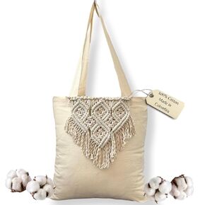 Women's Tote Bag, Handmade in Linen Fabric with a Beautiful Macrame Applique, Boho Shoulder Handbag for Shopping, Beach, and Travel - ATM
