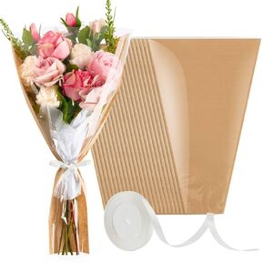 50 Pack Flower Bags for Bouquets, Flower Wrapping Paper Kraft Floral Wrap Sleeves with Ribbons for Florist Supplies Wedding (24.8 x 8.7 Inches)