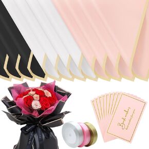 30 Sheets Flower Wrapping Paper, 3 Colors Floral Wrapping Paper with 3 PCS Ribbon and 50 Greeting Cards, Florist Supplies Packaging Paper for Valentine's Day, Weddings and Party Gifts