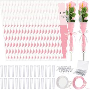 302 Pcs Flower Packaging Kit 100 Flower Bag Single Rose Sleeve 100 Floral Water Tubes 100 Diamond Head Pins 2 Ribbon for Mother's Day Wedding Bouquet Flower Wrapping Craft Supply(Pink)