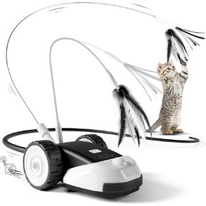 3-in-1 Interactive Cat Toy - 2-Speed Automatic Moving Mouse Cat Toys Self Play with 2pcs Hanging Feather String Ribbon and Wiggly Silicone Mice Tail for Bored Indoor Adult Cats Kittens