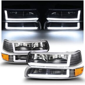 M-AUTO Headlights Assembly Factory Style Compatible with 1999 2000 2001 2002 Chevy Silverado 1500HD 2500HD 3500HD / 2000 2001 2002 2003 2004 2005 2006 Suburban 1500 2500 Tahoe 2/4-Door