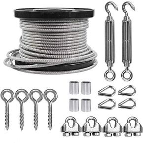 TooTaci 3/16 Wire Rope 100ft & M6 Turnbuckle Hook and Eye,304 Stainless Steel Cable 1/8 Thru 3/16 PVC Coated Wire Cable,Heavy Duty Turnbuckle Tensioner Kit for Lights Hanging,Cable Railing,Clothesline