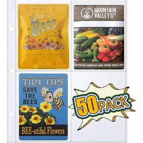 Seed Storage Organizer (4 x 5.5" Pockets) Garden Seed Organizer Binder Sheets, Seed Packet Organizer, 4 Pocket Sheet Protectors for 8.5 x 11" 3 Ring Binder - 50PCS