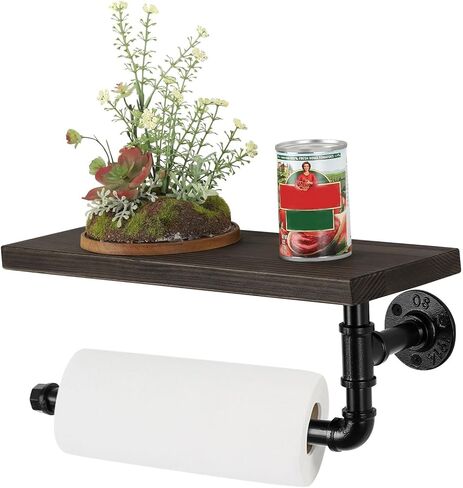 حامل المناشف الورقية الصناعية من الخشب والأنابيب رف عائم، حامل مناشف ورقية يدوية عتيقة، رف تخزين ورق المرحاض مثبت على الحائط للحمام والمطبخ والحمام (بني ريفي) in Kuwait