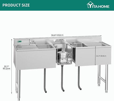 YITAHOME حوض المطبخ 3 حجرات بالوعة الفولاذ المقاوم للصدأ مع لوح تجفيف مزدوج بالوعة تجارية قائمة بذاتها للمطعم، المرآب، حوض المرافق 60 بوصة عرض × 16 بوصة عمق × 32 بوصة ارتفاع in Saudi Arabia