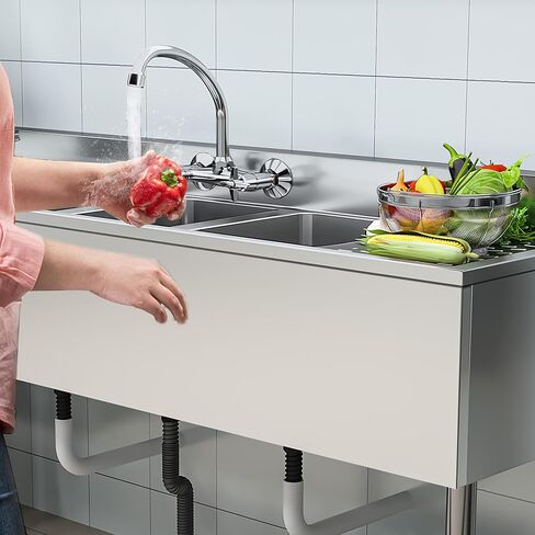 YITAHOME حوض المطبخ 3 حجرات بالوعة الفولاذ المقاوم للصدأ مع لوح تجفيف مزدوج بالوعة تجارية قائمة بذاتها للمطعم، المرآب، حوض المرافق 60 بوصة عرض × 16 بوصة عمق × 32 بوصة ارتفاع in Saudi Arabia