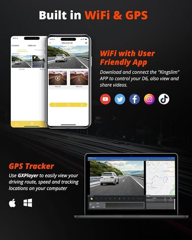 Kingslim D6 4K Dash Cam Front and Inside, New Version Cabin Dual Dash Uber Car Camera with WiFi & GPS, 3 Channel Dashcam Upgradeable, Type C Charging, 256GB Supported, Night Vision, Parking Monitor in Saudi Arabia