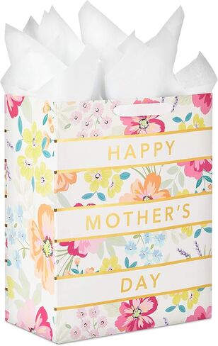 Hallmark 13" Large Mother's Day Gift Bag with Tissue Paper (Pastel Floral Stripe with Gold Accents) for Mom, Grandma, Nana, New Mothers in Saudi Arabia