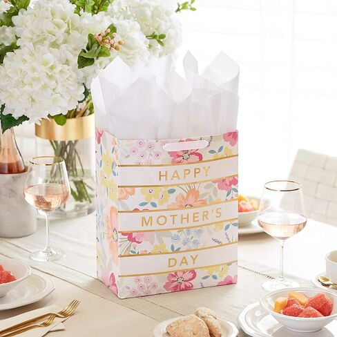 Hallmark 13" Large Mother's Day Gift Bag with Tissue Paper (Pastel Floral Stripe with Gold Accents) for Mom, Grandma, Nana, New Mothers in Saudi Arabia