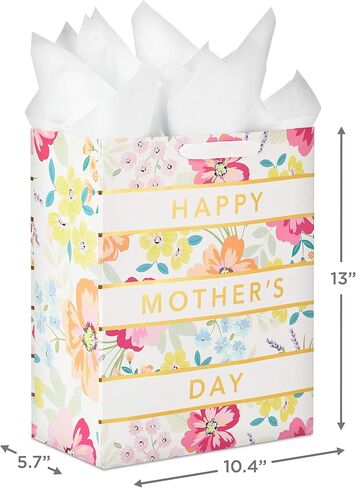 Hallmark 13" Large Mother's Day Gift Bag with Tissue Paper (Pastel Floral Stripe with Gold Accents) for Mom, Grandma, Nana, New Mothers in Saudi Arabia