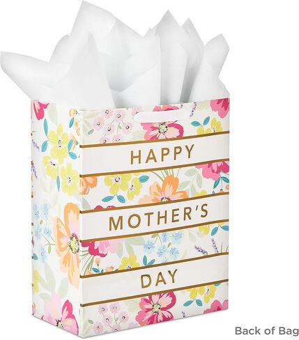 Hallmark 13" Large Mother's Day Gift Bag with Tissue Paper (Pastel Floral Stripe with Gold Accents) for Mom, Grandma, Nana, New Mothers in Saudi Arabia