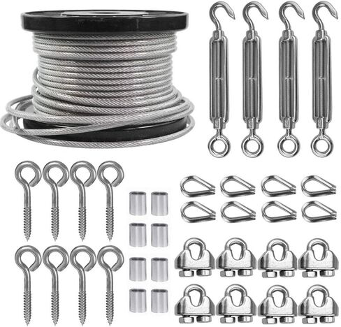 TooTaci 3/16 Wire Rope 100ft & M6 Turnbuckle Hook and Eye,304 Stainless Steel Cable 1/8 Thru 3/16 PVC Coated Wire Cable,Heavy Duty Turnbuckle Tensioner Kit for Lights Hanging,Cable Railing,Clothesline in Kuwait