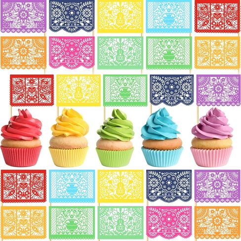 Epakh 60 Pcs Mexican Fiesta Cupcake Toppers Mini Papel Picado Banner Cake Toppers, Mexican Theme Party Decorations Supplies Dia De Los Muertos Day of The Dead Decor(White) in Saudi Arabia