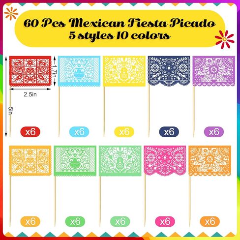 Epakh 60 Pcs Mexican Fiesta Cupcake Toppers Mini Papel Picado Banner Cake Toppers, Mexican Theme Party Decorations Supplies Dia De Los Muertos Day of The Dead Decor(White) in Saudi Arabia