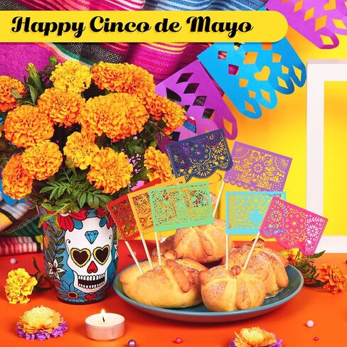 Epakh 60 Pcs Mexican Fiesta Cupcake Toppers Mini Papel Picado Banner Cake Toppers, Mexican Theme Party Decorations Supplies Dia De Los Muertos Day of The Dead Decor(White) in Saudi Arabia