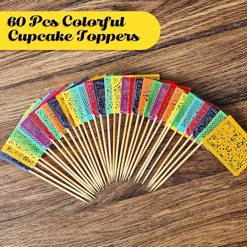 Epakh 60 Pcs Mexican Fiesta Cupcake Toppers Mini Papel Picado Banner Cake Toppers, Mexican Theme Party Decorations Supplies Dia De Los Muertos Day of The Dead Decor(White) in Saudi Arabia