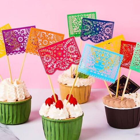 Epakh 60 Pcs Mexican Fiesta Cupcake Toppers Mini Papel Picado Banner Cake Toppers, Mexican Theme Party Decorations Supplies Dia De Los Muertos Day of The Dead Decor(White) in Saudi Arabia