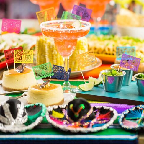 Epakh 60 Pcs Mexican Fiesta Cupcake Toppers Mini Papel Picado Banner Cake Toppers, Mexican Theme Party Decorations Supplies Dia De Los Muertos Day of The Dead Decor(White) in Saudi Arabia