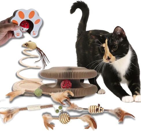 Kitty Kurlz Cat Toy Interactive Cardboard Scratcher, Spiral Tower, Feather Balls – Flexible Curl Play Toy for Cats in Saudi Arabia