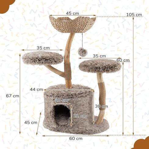 PetSite 35.5 بوصة شجرة قط الخشب ، برج قطط خشبي حقيقي متعدد الأناقة مع مراكز خدش الجوت ، كرة متدلية ، جثم علوي مريح ، منصتين قفزات ، فخور طن الطويل مغطى in Kuwait