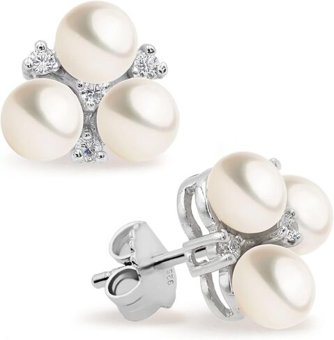 Women Pearl Stud Earrings with Three Fresh Water Cultured Pearls Button Shape 4 - 5 mm and Three Cubic Zirconia Stones by Secret & You | Sterling Silver 925 Mounts with big nuts. in Kuwait