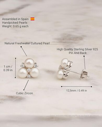 Women Pearl Stud Earrings with Three Fresh Water Cultured Pearls Button Shape 4 - 5 mm and Three Cubic Zirconia Stones by Secret & You | Sterling Silver 925 Mounts with big nuts. in Kuwait