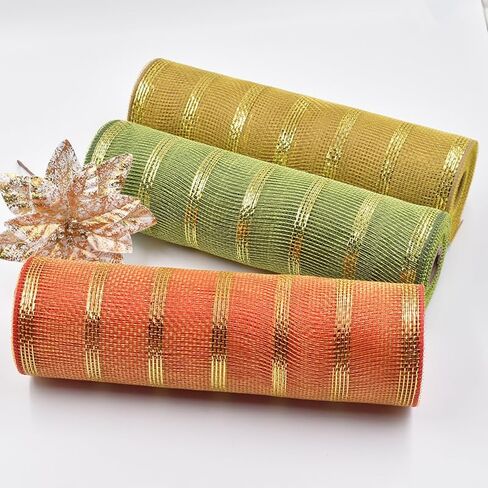 3 لفة 10 بوصة × 10 ياردة مزخرفة بولي شباك ريببون لفائف ، لخريف الخريف لوازم الباب الأمامي الزهور الزهر ديكور الشجرة الشكر ديكور الحصاد (أورانج والأخضر والأصفر) in Kuwait