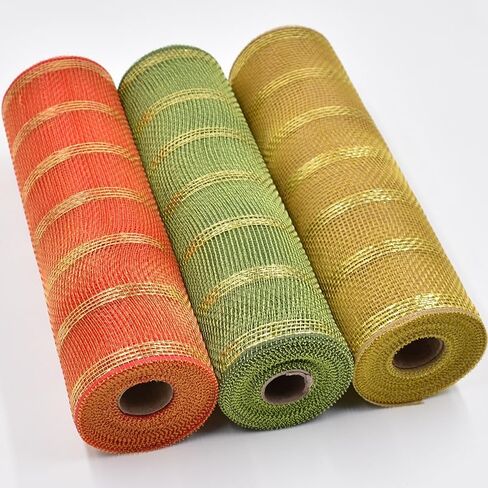 3 لفة 10 بوصة × 10 ياردة مزخرفة بولي شباك ريببون لفائف ، لخريف الخريف لوازم الباب الأمامي الزهور الزهر ديكور الشجرة الشكر ديكور الحصاد (أورانج والأخضر والأصفر) in Kuwait