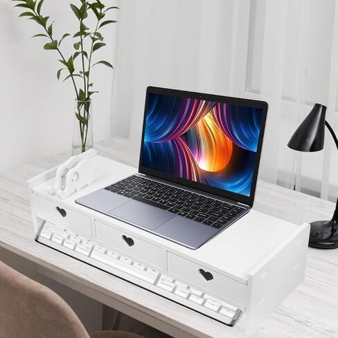 Computer Desk Stand with Drawer, Desktop Monitor Riser with Storage, Laptop Shelf Shelves Organizer for Keyboard Storage (White) in Saudi Arabia