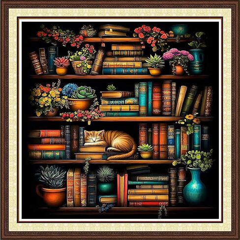 Findvoor Cross Cross Stitch Kits للبالغين مجموعة كاملة من النمط المتقاطع للتطريز غير المطبوع للمبتدئين ، 11ct kit patterns تطريز kits-bookshelf cat 18x18 inch in Kuwait