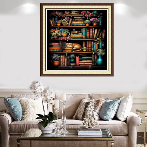 Findvoor Cross Cross Stitch Kits للبالغين مجموعة كاملة من النمط المتقاطع للتطريز غير المطبوع للمبتدئين ، 11ct kit patterns تطريز kits-bookshelf cat 18x18 inch in Kuwait