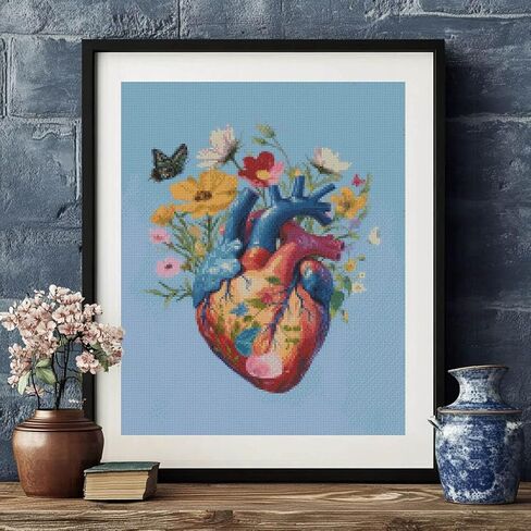 رئتي WRTCPOC Cross Cross Stitch Kits للبالغين المبتدئين أعضاء الزهور طقم التطريز مسبقًا مسبقًا 11ct ، مصنع بوهيمي DIY طقم تطريز طقم سهل الخياطة مجموعة المكاتب الطبية ديكور المنزل 16x20in in Kuwait