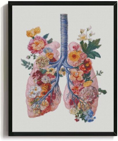 رئتي WRTCPOC Cross Cross Stitch Kits للبالغين المبتدئين أعضاء الزهور طقم التطريز مسبقًا مسبقًا 11ct ، مصنع بوهيمي DIY طقم تطريز طقم سهل الخياطة مجموعة المكاتب الطبية ديكور المنزل 16x20in in Kuwait