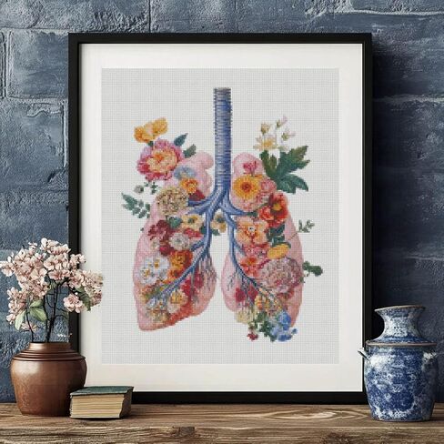رئتي WRTCPOC Cross Cross Stitch Kits للبالغين المبتدئين أعضاء الزهور طقم التطريز مسبقًا مسبقًا 11ct ، مصنع بوهيمي DIY طقم تطريز طقم سهل الخياطة مجموعة المكاتب الطبية ديكور المنزل 16x20in in Kuwait