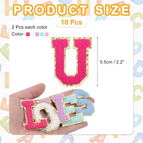 MECCANIXITY Chenille Letter Patches 2.2" Self Adhesive Alphabet K Stick on Embroidered Patch Sew on Letter Stickers Applique for Repairing Clothing Jeans Shoes Hats (Multicolored, Pack of 10) in Saudi Arabia