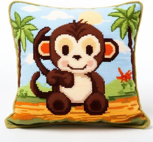 Cute Monkey Latch Hook Kits Pillow DIY Rug Crochet Hook Cushion Making Kits Printed Color Pattern Canvas Pillowcase Hooking Kits Pillow Cover Starter DIY Crochet Kits 43x43cm(P57) in Saudi Arabia