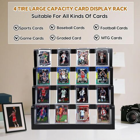 Trading Card Display,4-Tier Card Display Storage, Wooden Graded Baseball Sports Card Display Shelf,Graded Card Display Case for Card Game Collection in Saudi Arabia