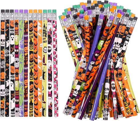 Halloween Pencils with Eraser Assortment Themed Pencil Ghost Pumpkin Skeleton Bat Spider Wooden Pencils for Party Favor Supplies, 12 Style (72) in Saudi Arabia