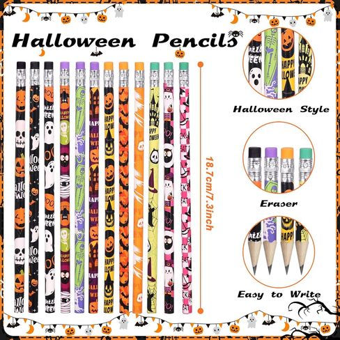 Halloween Pencils with Eraser Assortment Themed Pencil Ghost Pumpkin Skeleton Bat Spider Wooden Pencils for Party Favor Supplies, 12 Style (72) in Saudi Arabia