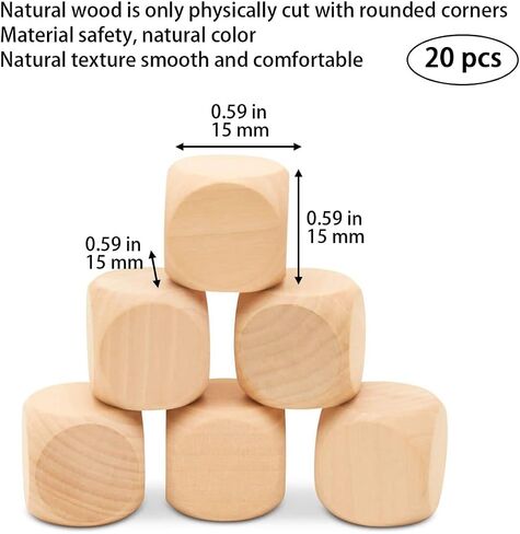 20 PCS النرد الخشبي فارغ ، 6 جوانب زهر فارغة DICE DIY DICES Round Corner Cube Dices for Wooden Craft Craft Diy and Pirfies Supplies ، 0.6 " in Saudi Arabia