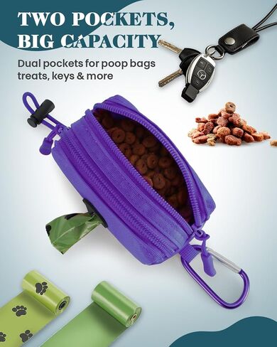 Dog Poop Bag Holder for Leashes, Purple Doggie Waste Bag Dispenser and Treat Holder, with Carabiner Hook and Poop Bag Clip, Used Waterproof Wear-Resistant Fabric and 2 Zippered Pouches for Walking in Saudi Arabia