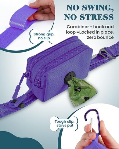 Dog Poop Bag Holder for Leashes, Purple Doggie Waste Bag Dispenser and Treat Holder, with Carabiner Hook and Poop Bag Clip, Used Waterproof Wear-Resistant Fabric and 2 Zippered Pouches for Walking in Saudi Arabia