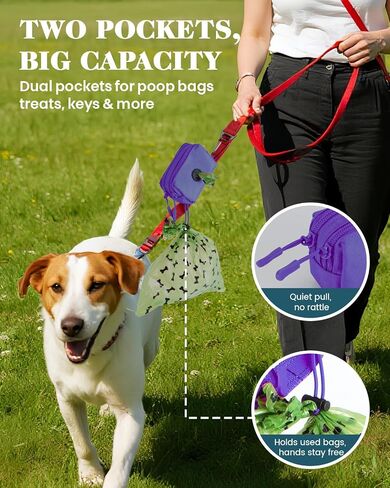 Dog Poop Bag Holder for Leashes, Purple Doggie Waste Bag Dispenser and Treat Holder, with Carabiner Hook and Poop Bag Clip, Used Waterproof Wear-Resistant Fabric and 2 Zippered Pouches for Walking in Saudi Arabia