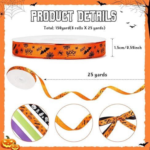 6 Rolls 150 Yards Halloween Ribbon Thin for Wreaths Bat Spider Web Pumpkin Print Grosgrain Ghost Witch Hat Ribbon Party Decorative Supplies（Halloween） in Kuwait