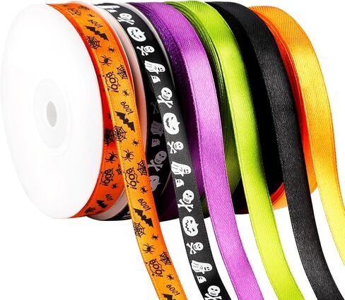 6 Rolls 150 Yards Halloween Ribbon Thin for Wreaths Bat Spider Web Pumpkin Print Grosgrain Ghost Witch Hat Ribbon Party Decorative Supplies（Halloween） in Kuwait