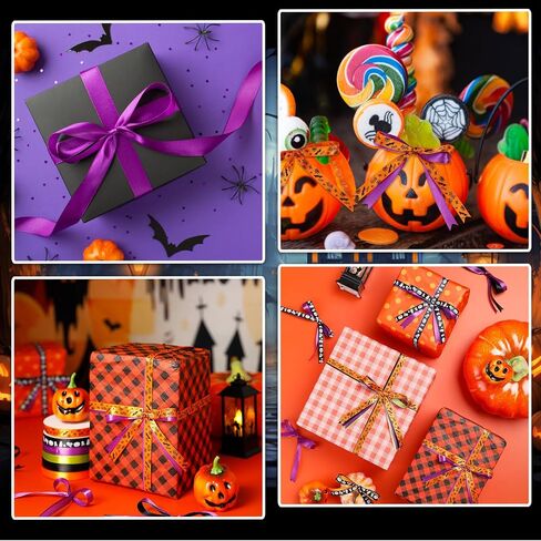 6 Rolls 150 Yards Halloween Ribbon Thin for Wreaths Bat Spider Web Pumpkin Print Grosgrain Ghost Witch Hat Ribbon Party Decorative Supplies（Halloween） in Kuwait