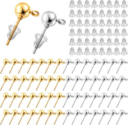 120 PCS Ball Studs with Loop for Jewelry Making, Round Ball Earring Posts Balls Post with 200PCS Clear Earring Backs for DIY Jewelry Making (Silver, Gold) in Saudi Arabia