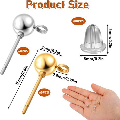 120 PCS Ball Studs with Loop for Jewelry Making, Round Ball Earring Posts Balls Post with 200PCS Clear Earring Backs for DIY Jewelry Making (Silver, Gold) in Saudi Arabia